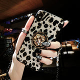 iPhone XR Leopard Case with Ring Holder Finger Protective Cover Rhinestone Diamond Glitter Bling Cute Luxury Case for iPhone 11 11Pro