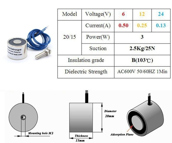 20/15 suction 2.5KG 25N Mini Electromagnet Solenoid 6V 12v 24V Electromagnet Electro Magnet
