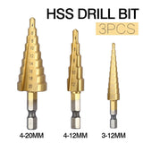 3pcs HSS Steel Titanium Step Drill Bits Step Cone Cutting Tools Steel Woodworking Wood Metal Drilling Set 3-12mm 4-12mm 4-20mm
