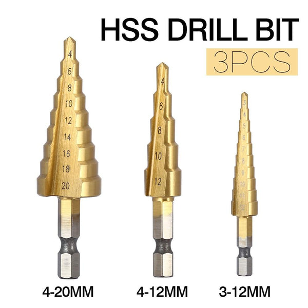 3pcs HSS Steel Titanium Step Drill Bits Step Cone Cutting Tools Steel Woodworking Wood Metal Drilling Set 3-12mm 4-12mm 4-20mm