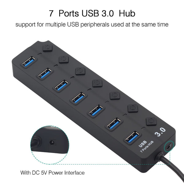 High Speed USB Hub 3.0  4 / 7 Port Hub Splitter On/Off Switch with EU/US Power Adapter for MacBook Laptop PC