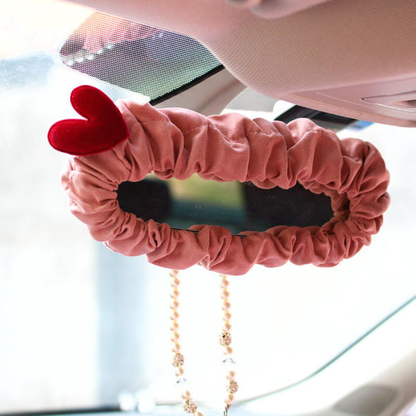 Pink Love Heart Car Suede Plush Car Steering Wheel Cover Rearview Mirror Cover Car Seat Belts Pads Heardrest Handbrake Cover Set