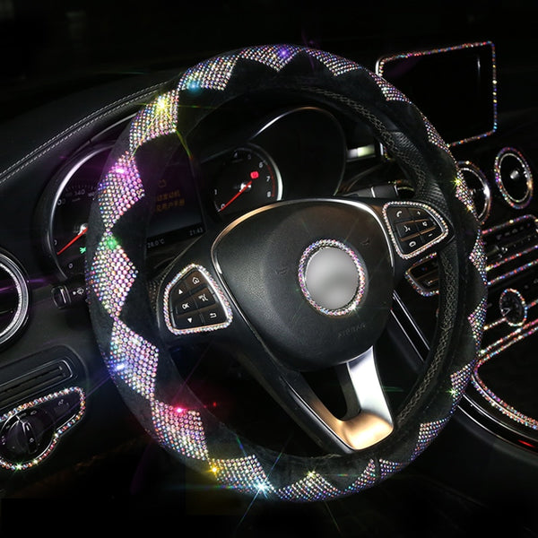 Bling Auto Interior Accessories Diamond Steering Wheel Cover Crystal Car Seat Belt Cover Pad Neck Pillow