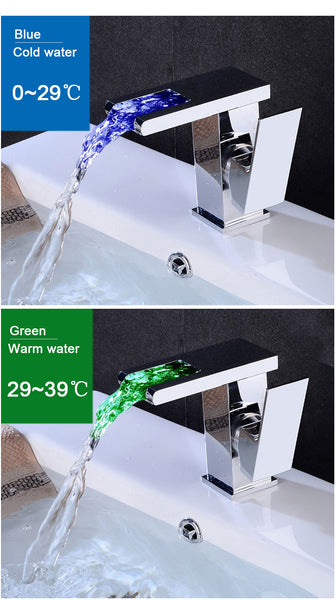 LED Waterfall Bathroom Sink Faucet Brass Body Single Handle