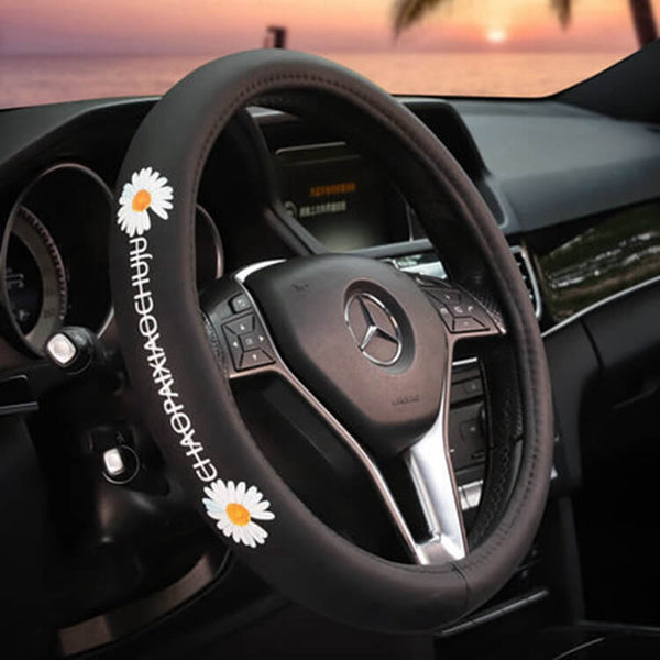 white-daisy-steering-wheel-cover-black